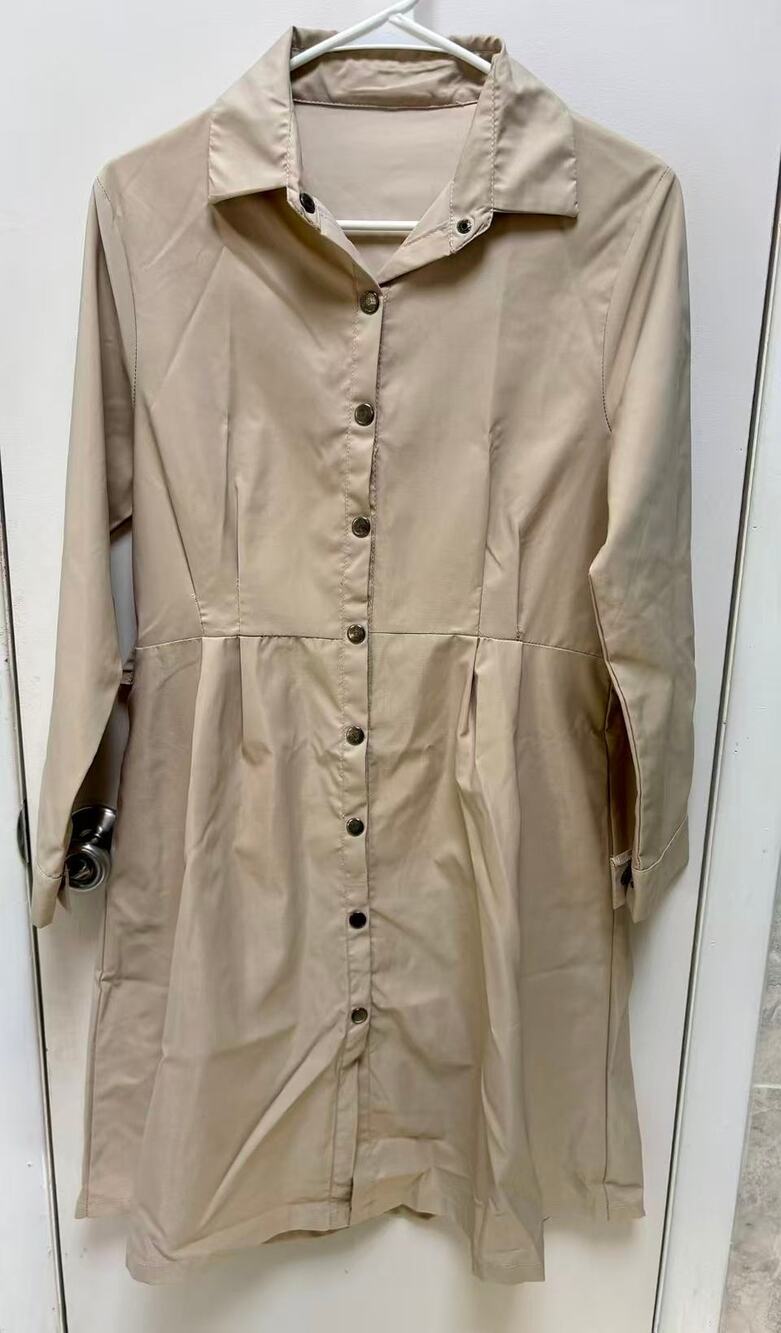 Women Beige Trench Coat Dress Button Down Fitted Long Sleeve Dress Jacket S